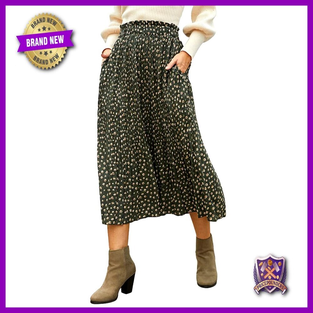 High Waist Pleated Maxi Midi Skirt with Pockets, Polyester, Boho Style